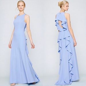 Nicole Miller Ruffle Open Back Dusty Blue Gown
